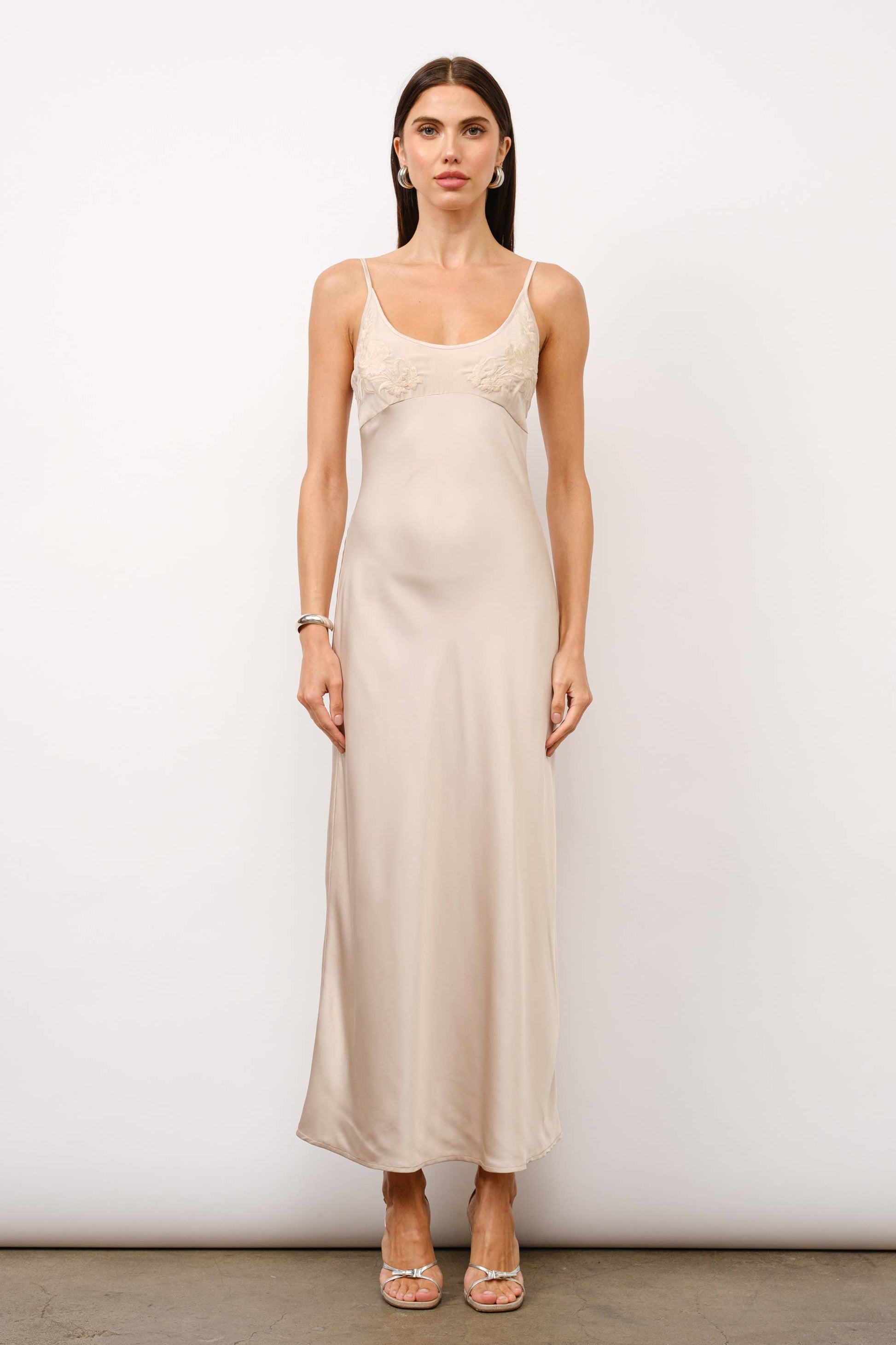 Zaria Embroidery Satin Slip Dress - Ivory ShopDawne Zaria Embroidery Satin Slip Dress - Ivory ShopDawne