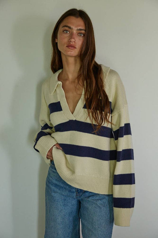W1538 | Knit Striped Collar V-Neck Long Sleeve Pullover Top