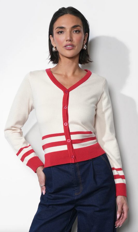 Piper Plunge Neck Stripe Button Front Knit Top