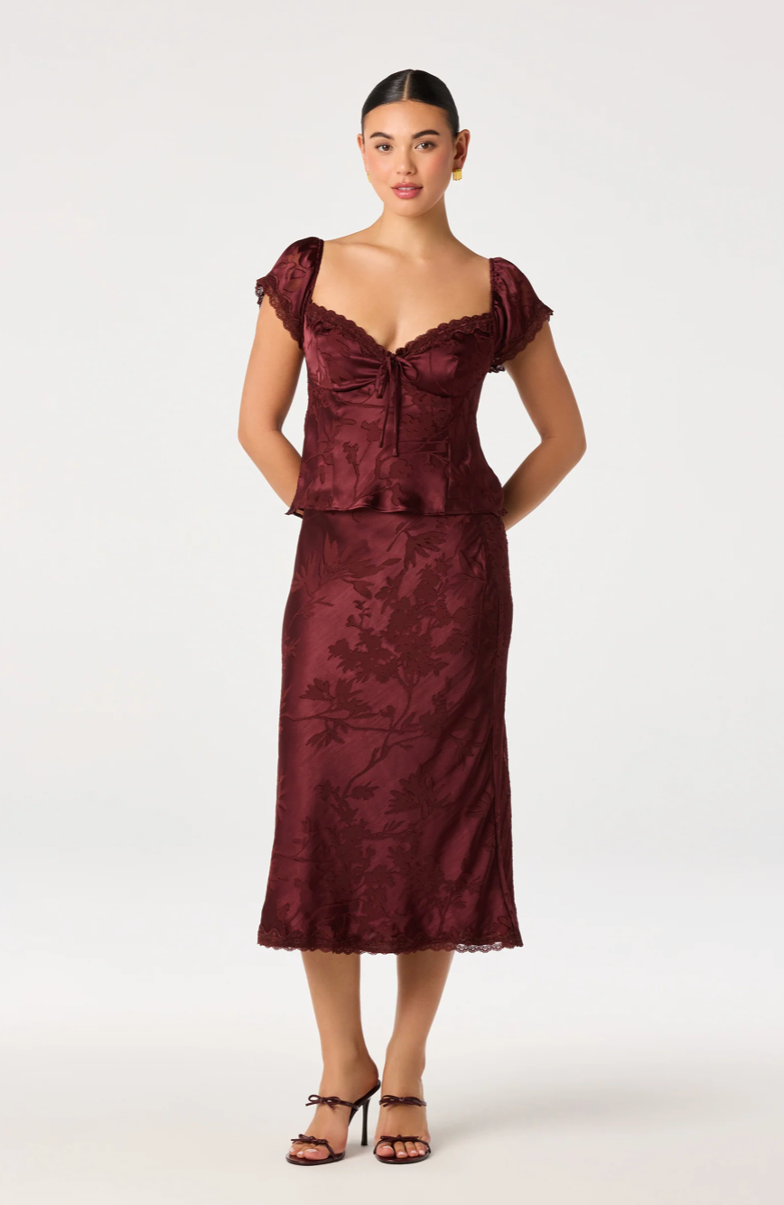 Windey Floral Burnout Satin Midi Skirt