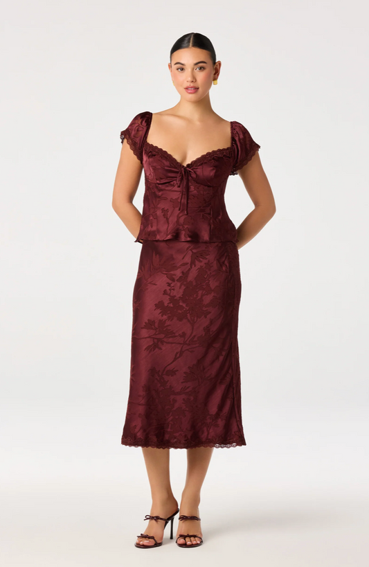 Windey Floral Burnout Satin Midi Skirt