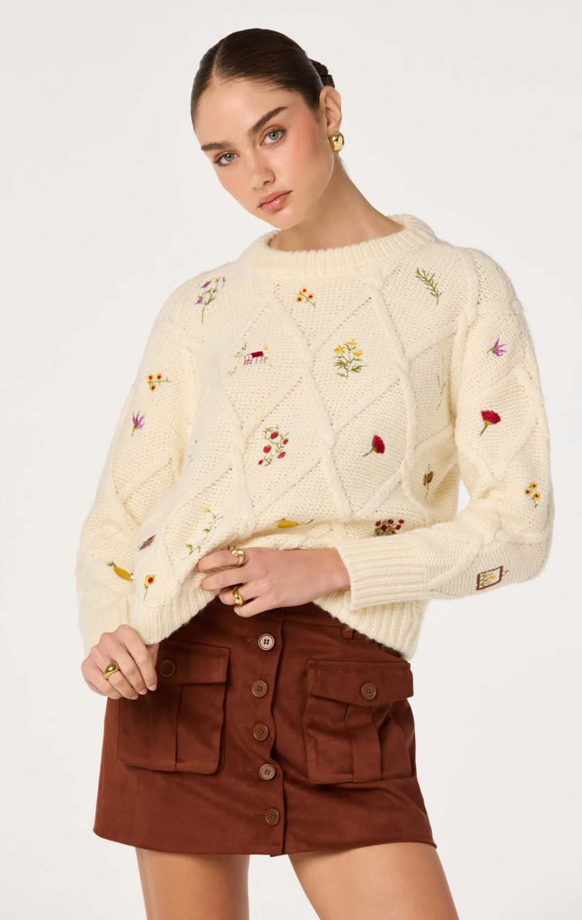 Rose Embroidered Diamond Knit Sweater