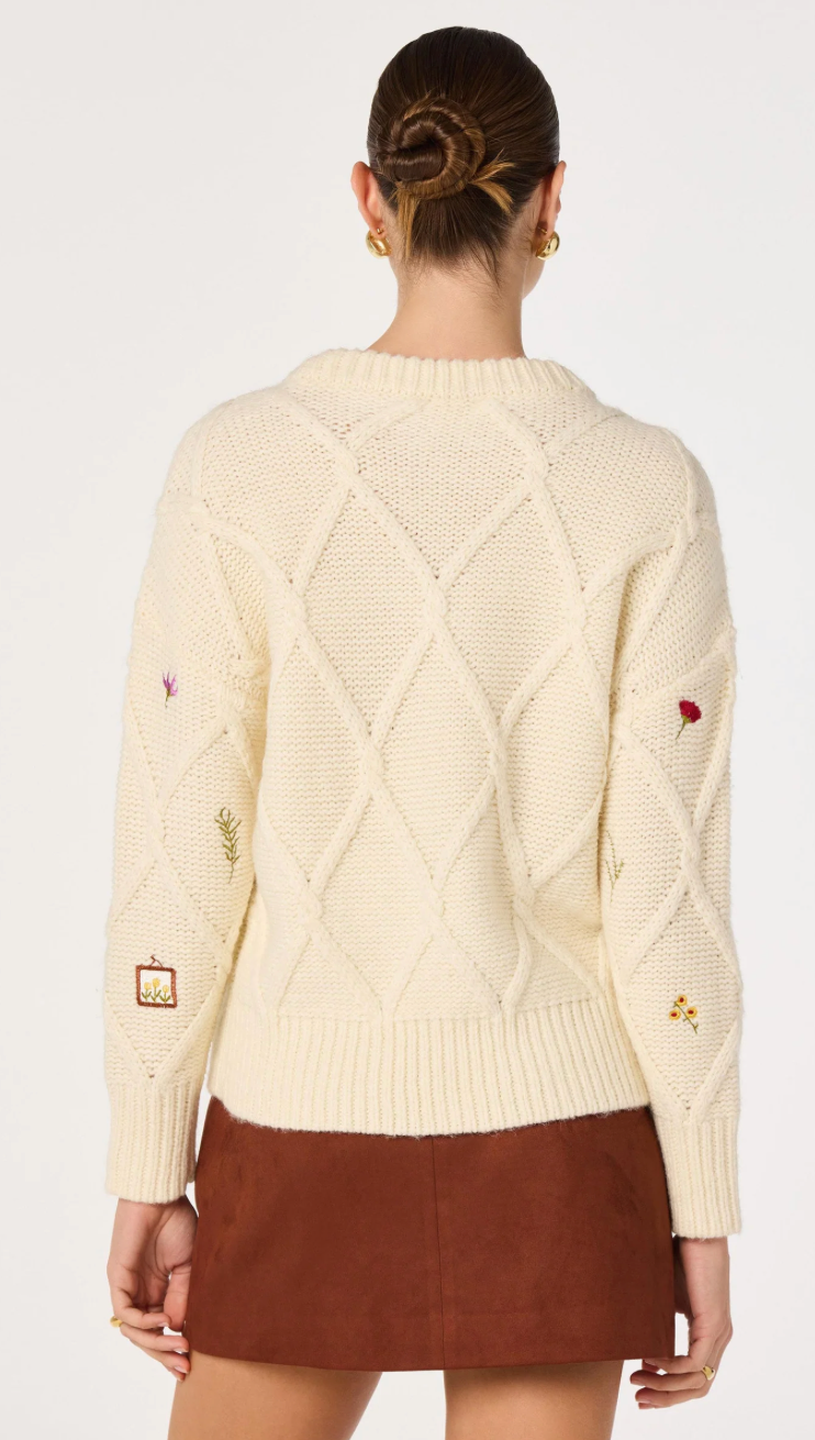 Rose Embroidered Diamond Knit Sweater