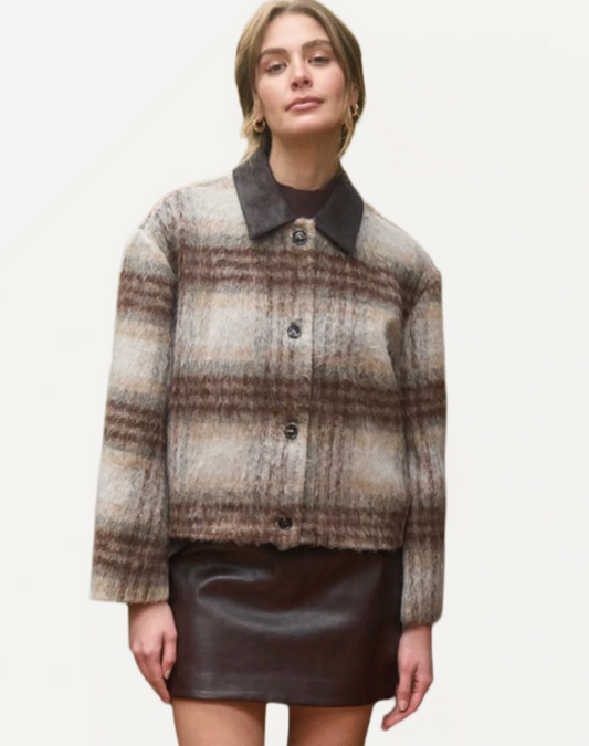 Brushed Plaid Contrast Collar Jacket