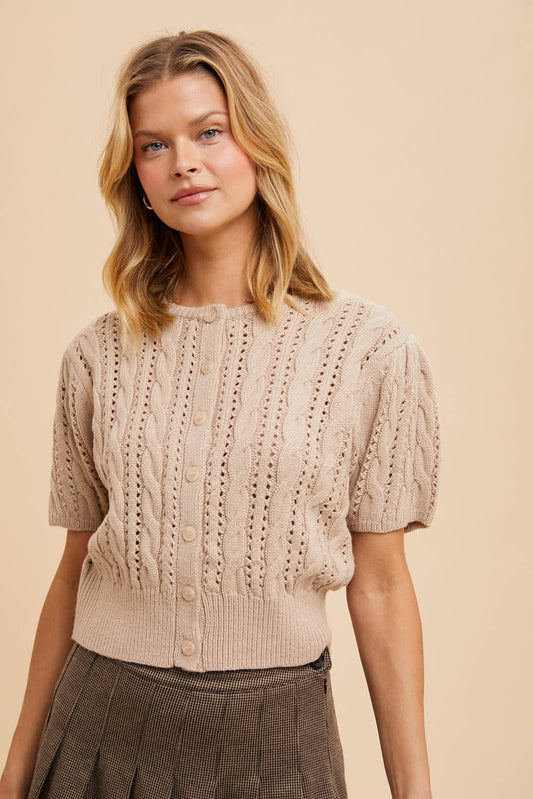 CABLE KNIT PUFF SLEEVE CARDIGAN