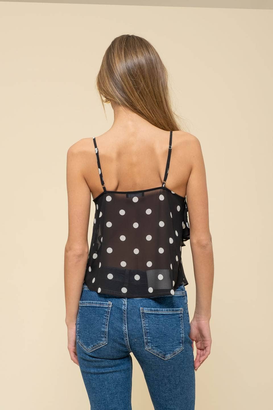 POLKA DOT SLEEVELESS V NECK RUFFLE WRAP BLOUSE