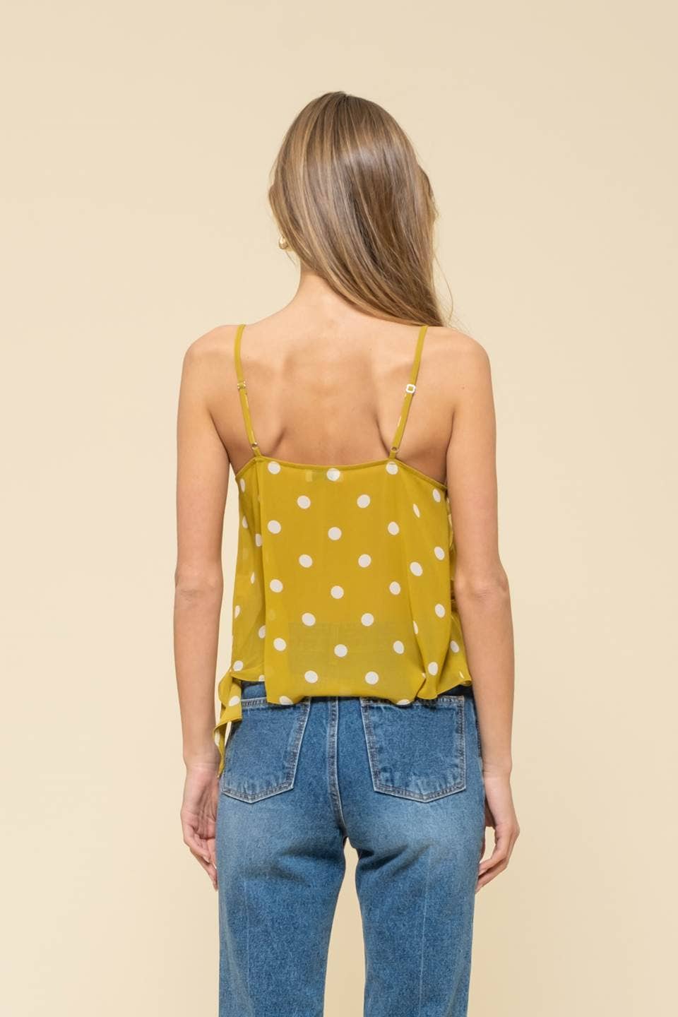 POLKA DOT SLEEVELESS V NECK RUFFLE WRAP BLOUSE