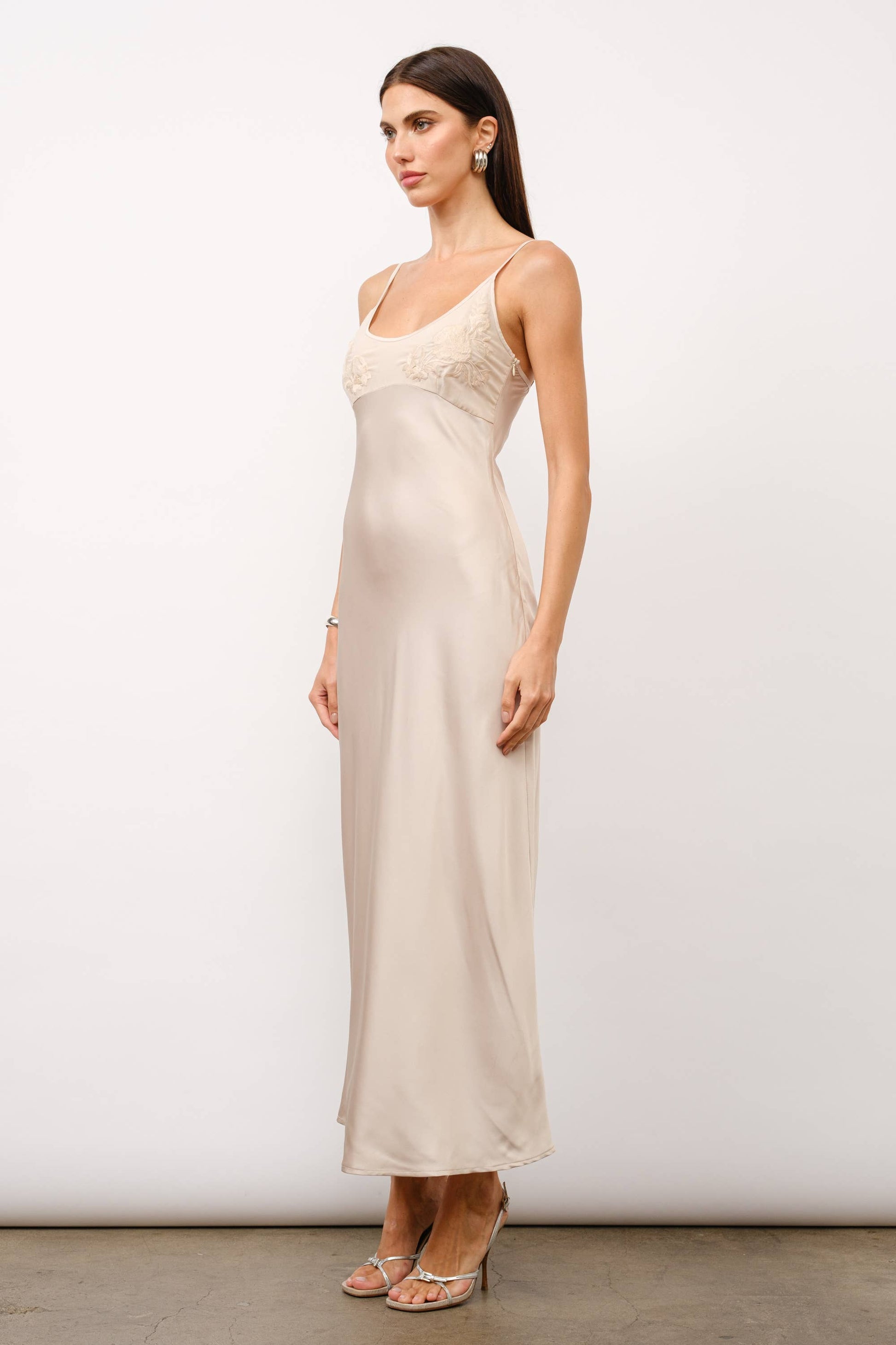 Zaria Embroidery Satin Slip Dress - Ivory ShopDawne Zaria Embroidery Satin Slip Dress - Ivory ShopDawne