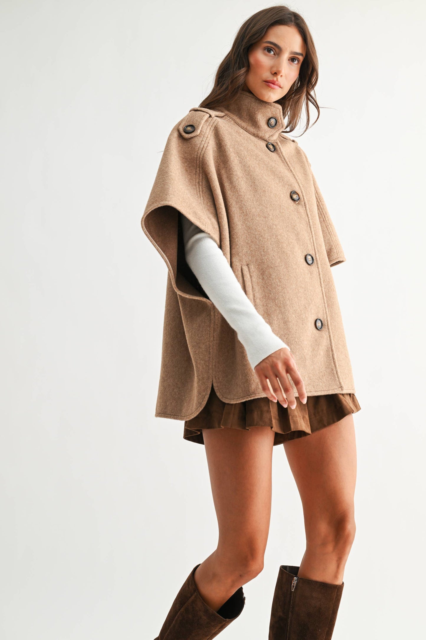 WOOL-BLEND BUTTONED CAPE JACKET