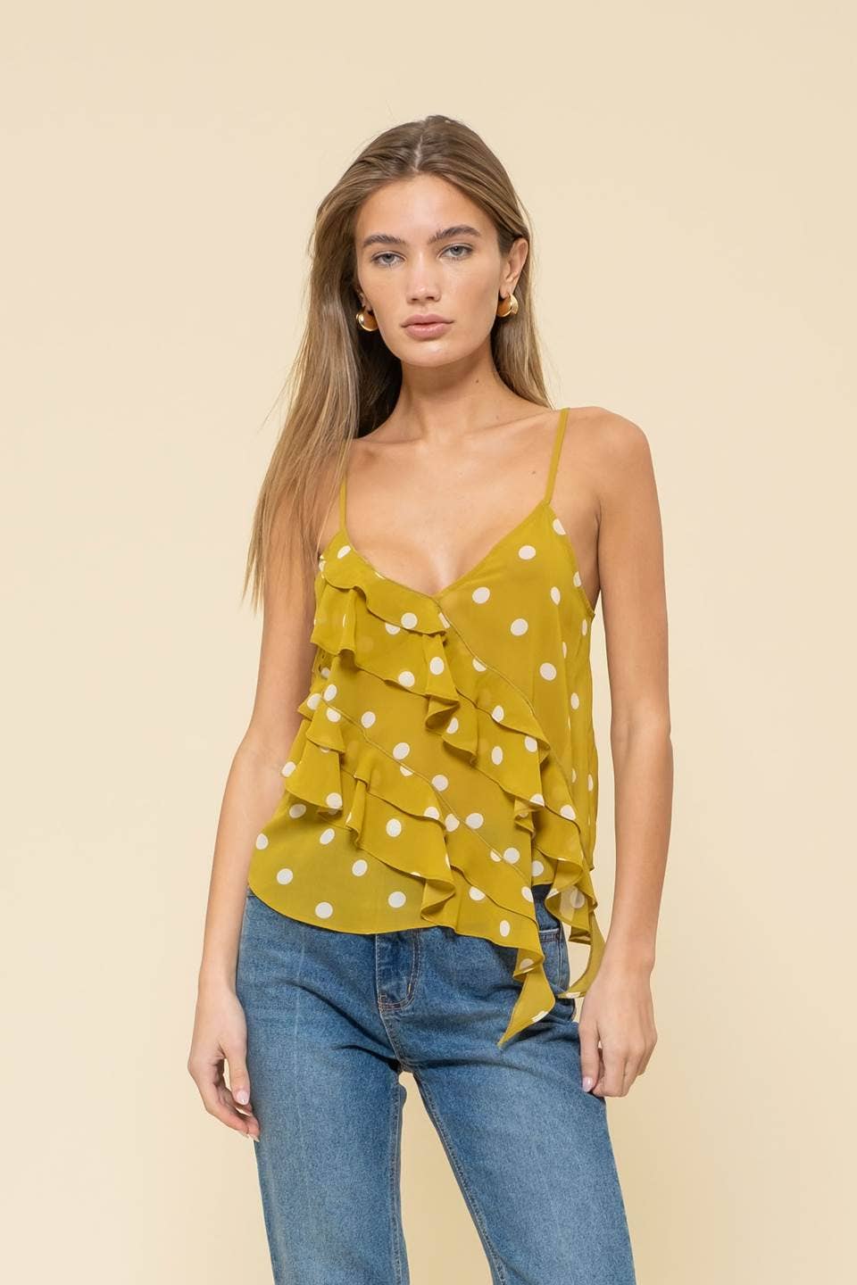 POLKA DOT SLEEVELESS V NECK RUFFLE WRAP BLOUSE