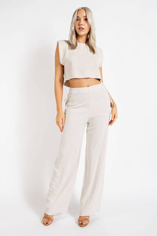 CP2436 LINEN PANTS W/ SIDE SPAGHETTI DETAILS