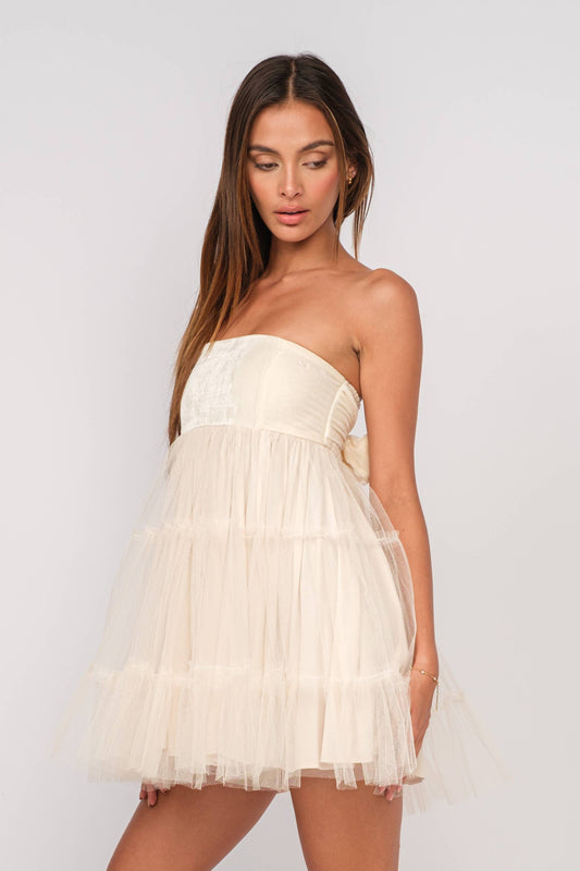 VELVET BACK TIE RUFFLE LAYERED MINI DRESS