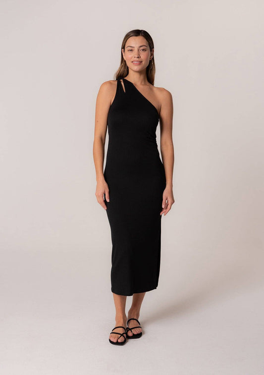 Black One Shoulder Cut-Out Casual Midi Dress