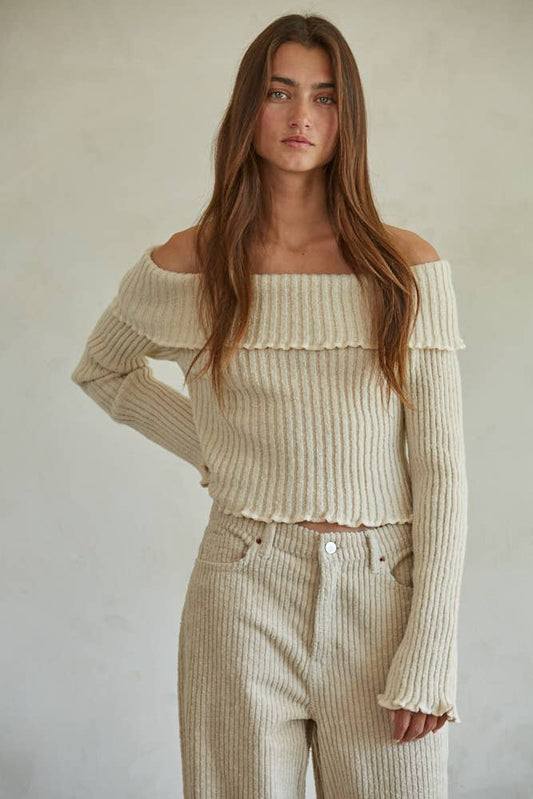 Knit Ribbed Fold Over Off The Shoulder Pullover Top