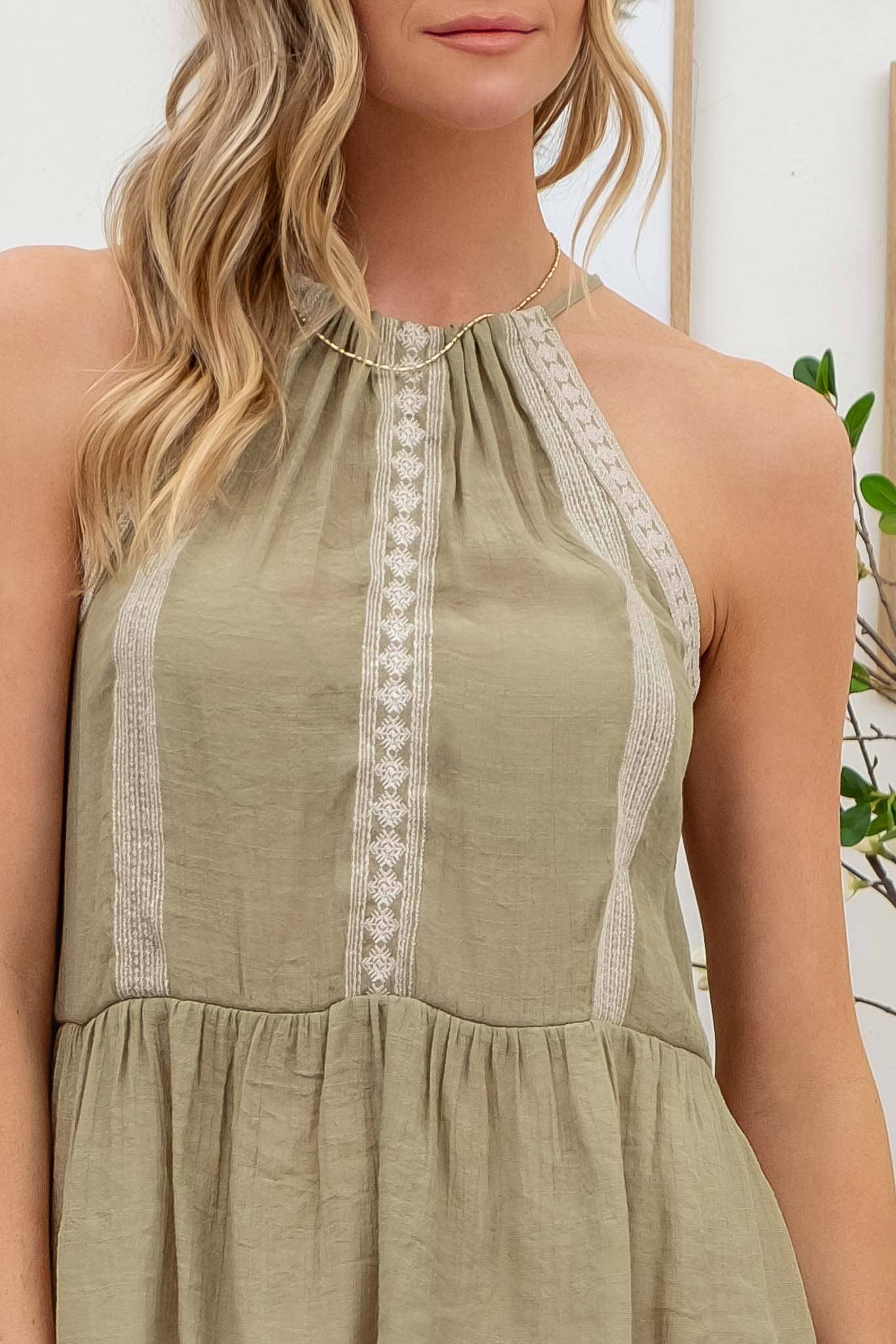 EMBROIDERY DETAIL BACK TIE HALTER TOP