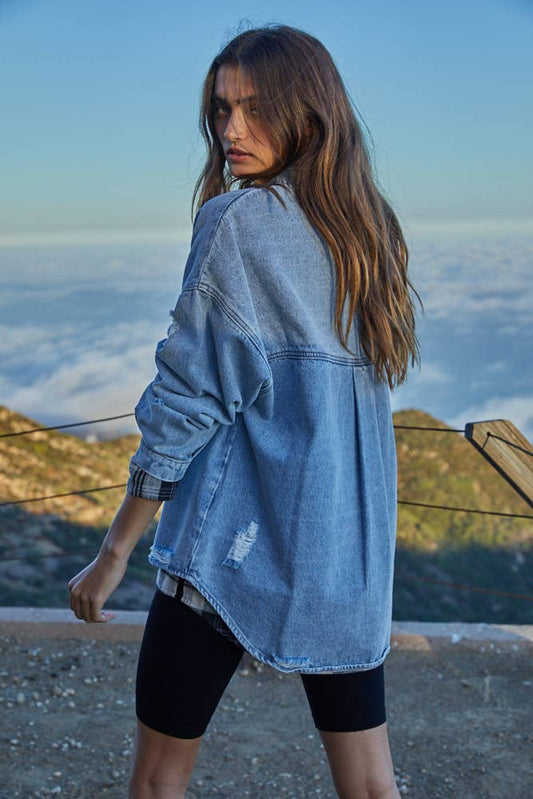 Washed Denim Ripped Button Down Jacket