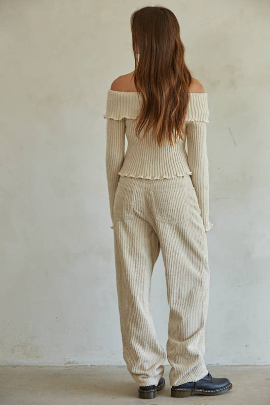 Knit Ribbed Fold Over Off The Shoulder Pullover Top