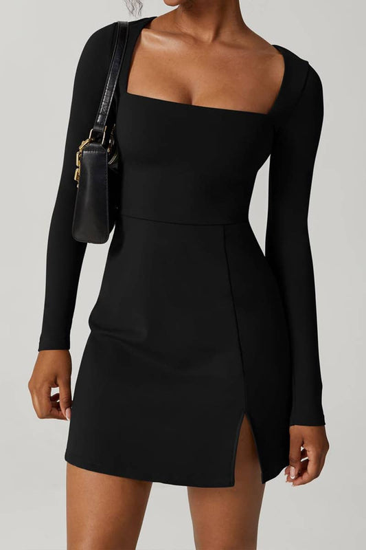 WOMEN SQUARE NECK SLIT MINI DRESS_CWDSD2148