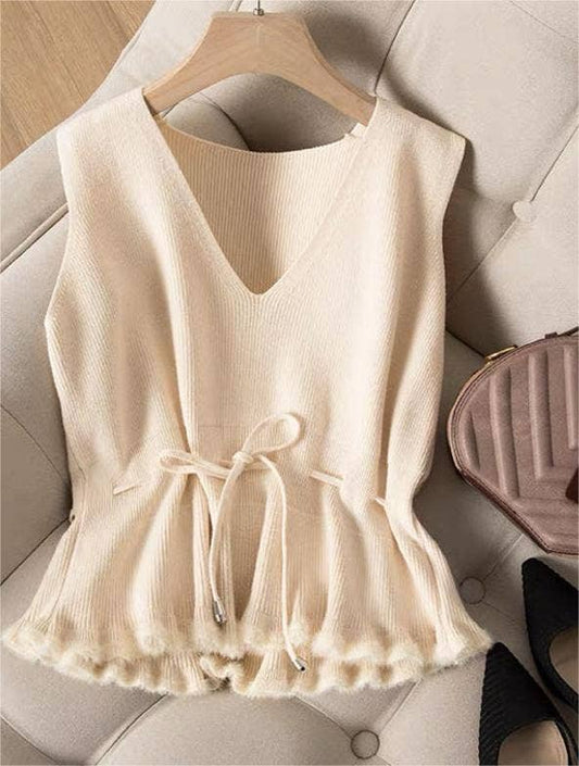 Sweetkama V-Neck Flounce Waist Tie Women Knit Vest
