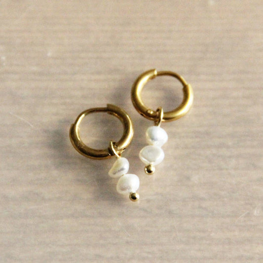 Steel Creole With 2 Freshwater Pearls - Gold