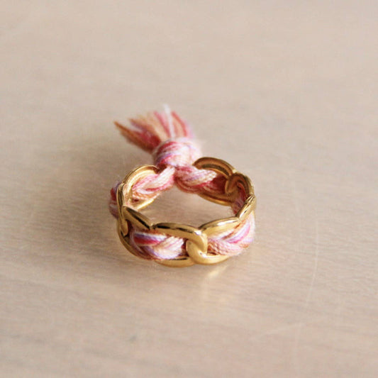Stainless steel link ring with braid - pastel / gold