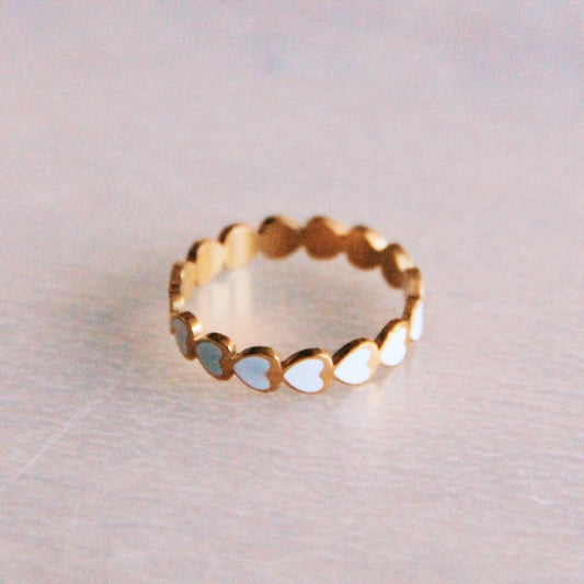 Stainless steel ring white hearts